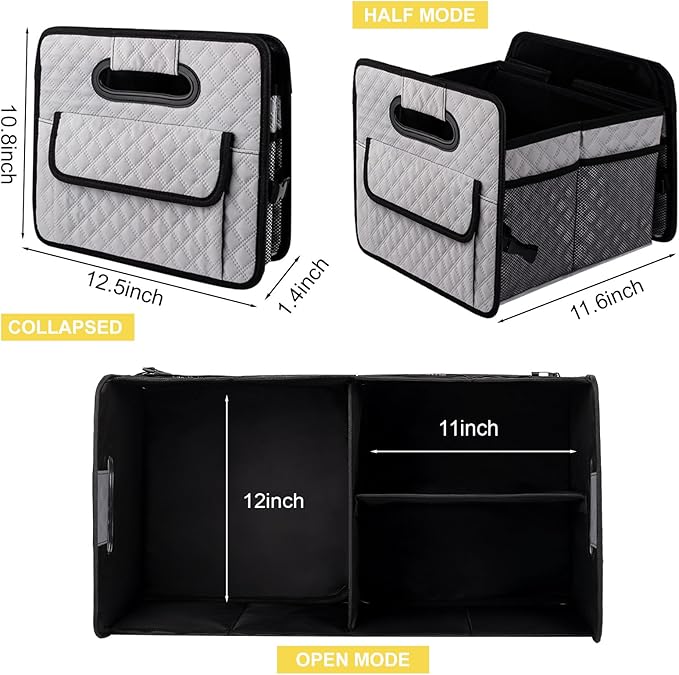 JiatuA Car Trunk Organizers and Storage for SUV, Collapsible Multi Compartment Container Box Adjustable Car Accessories for Women Men, Light Grey