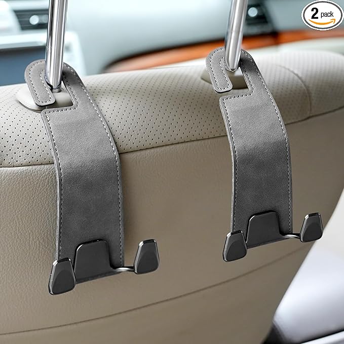 Adorila 2-Pack Car Headrest Hooks | 2-in-1 Vegan Leather Purse Hanger & Phone Holder | Automotive Seat Back Organizers for Bags, Hats or Groceries (Grey)