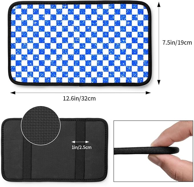 Glitter Blue White Checkered Chessboard Flag (2) Car Armrest Pad Cute Cars Center Console Cover Auto Handrail Box Cushion Armrests Cover