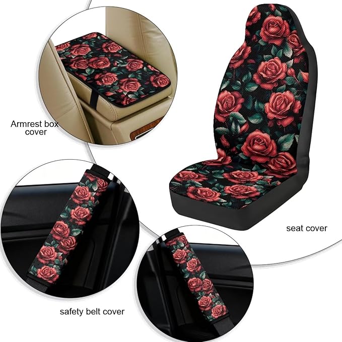 FUSURIRE 5PCS Car Accessories Set, Red Rose Print Vehicle PU Front Seat Covers, Seat Belt Covers & Center Armrest Pad, Universal for SUV, Truck, RV