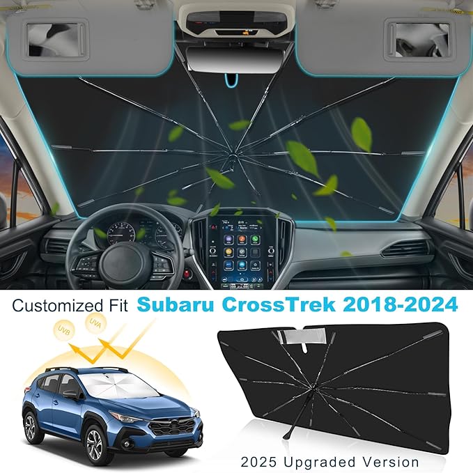 2025 Upgrade Windshield Sun Shade Umbrella Custom Fit Subaru CrossTrek 2018-2025 Foldable UV Protection Car Cover, Emergency Rain Shield & Dashboard Protector - Durable Auto Accessory