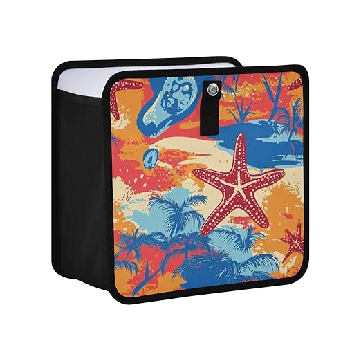 Car Trash Can Organizer Bin with Adjustable Strap for Back Front Seat Console Waterproof Leakproof Collapsible Portable 11 Inch Bright Summer Beach Starfish and Palm Tree