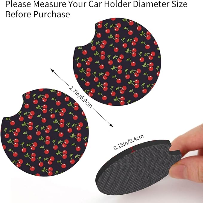 Cute Cherry Steering Wheel Cover for Women Men with 2 Pcs Car Coasters, 15 Inches Neoprene Anti-Slip Cute Universal Red Car Accessories Protective Cover for Vehicle