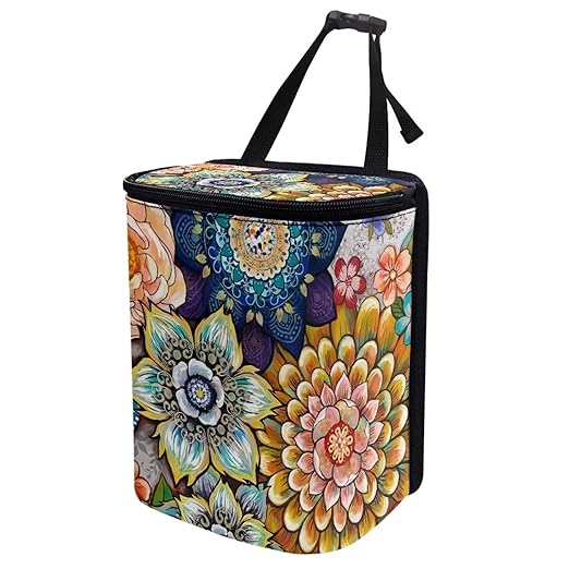 Talayituse Boho Flower Print Car Trash Can with Lid, Leak Proof Auto Trash Bag Hanging Vehicle Garbage Can Multipurpose Storage Container for Back Seat Road Trip