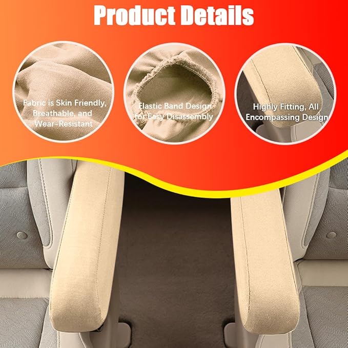 Smeyta 2PC Car Front Seat Armrest Covers,Universal Size Seat Arm Rest Cover,Flat Cloth Fabric Armrest Cover,Car Interior Accessories(Beige,1Pair)