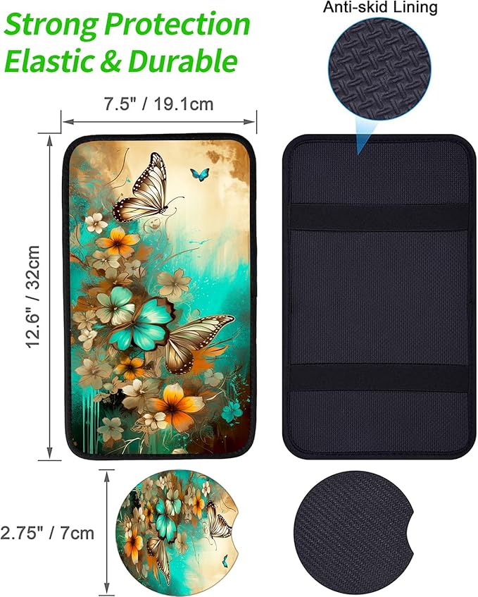 JANENFNA Car Armrest Cover Pads Universal Fashion Cute Auto Center Console Armrest Cover Pad with 2PCS Car Coasters Soft Waterproof Car Armrest Seat Protector for Women,Flowers Butterflies