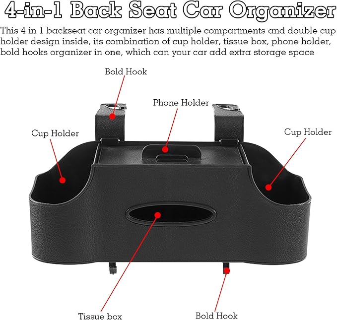 SADIFOKPLY Back Seat Car Organizer, Upgraded Multifunctional Car Storage Box, Hanging Back Seat Storage Organizer, with Phone Holder, Tissue Box, Cup Holders, Hooks (Type B - Black)