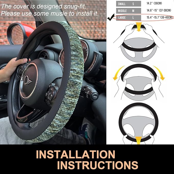 PINCTROT Large Size Chenille Leather Steering Wheel Cover, Soft Mottled Colors, Sweat-Proof, Non-Slip Grip, All-Season Comfort, 15.5-15.75 Inch(Mottled Green)