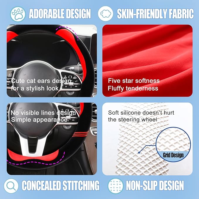 Furry Cute Steering Wheel Cover, Soft Fluffy Short Plush Auto Accessories, Non-Slip Cold-Proof Sweat-Proof Colorfast, Universal 15 inch(Black with Red)