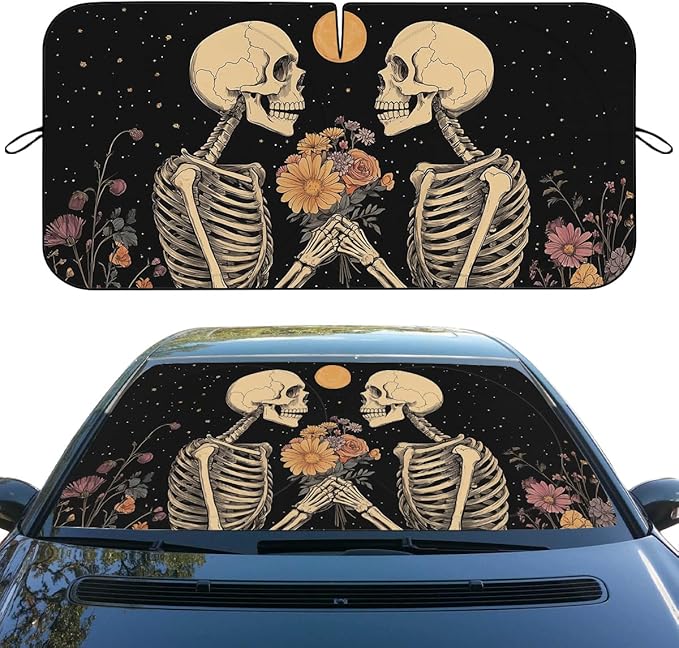 Skeleton Flowers Car Window Sun Shield Retro Gothic Starry Sky Comics Front Window Sun Shade Blocks UV Rays Sun Visor Protector for Car Sedan Truck SUV Accessories