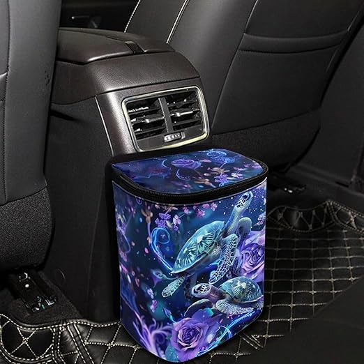 DISNIMO Hawaiian Sea Turtle Car Trash Can Bin with Lid Cute Car Garbage Can Leakproof Mini Car Accessories Trash Bin Car Dustbin Organizer Container for Car Office Home