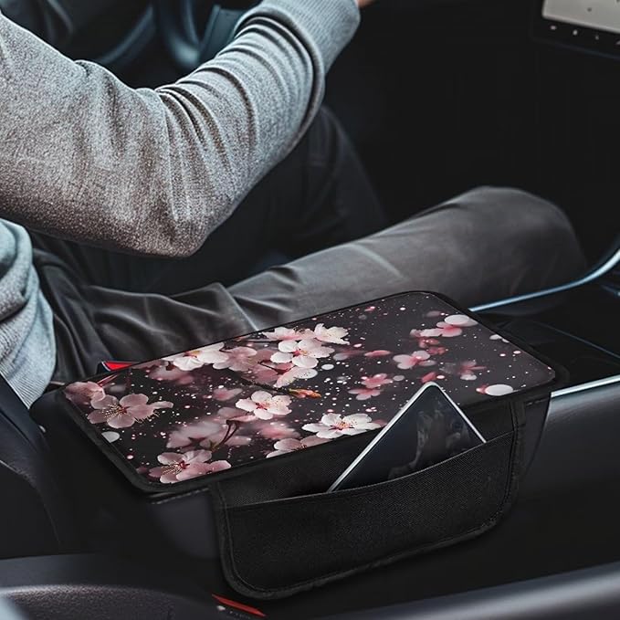 Dreaweet Center Console Cover Pink Cherry Blossom Car Accessories for Women Interior Cute Armrest Cover Cushion with Side Pockets,Soft Washable Car Arm Rest Cover Pad for Truck SUV