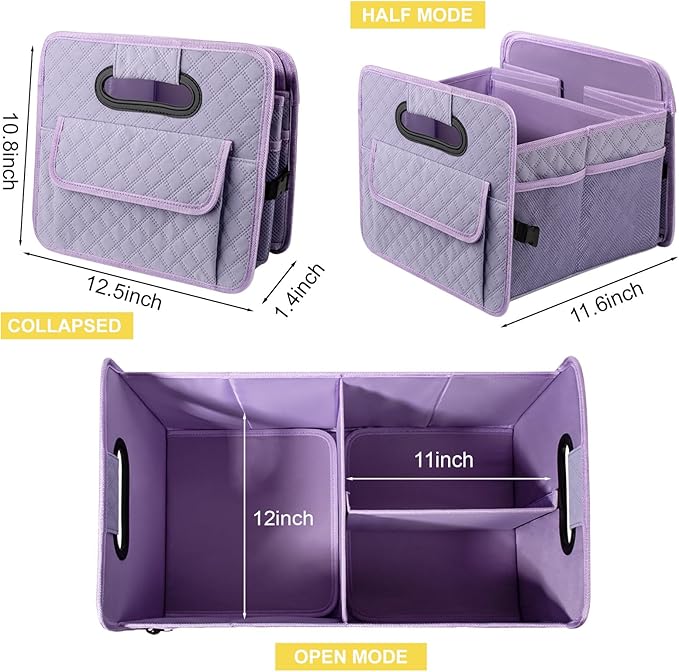 JiatuA Car Trunk Organizers and Storage for SUV, Collapsible Multi Compartment Container Box Adjustable Car Accessories for Women Men, Light Purple