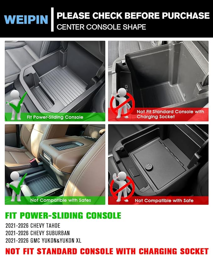 WEIPIN for Center Console Organizer Tray ABS Materials Compatible with 2021-2026 Tahoe/Suburban (Premier/High Country) & Yukon (Denali/Denali Ultimate) — Only fit Power Sliding Center Console