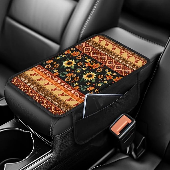 Dreaweet Sunflower Aztec Print Center Console Cover for Car with Storage Pockets,Universal Arm Rest Cover for Car SUV Truck,Car Armrest Cover Center Console