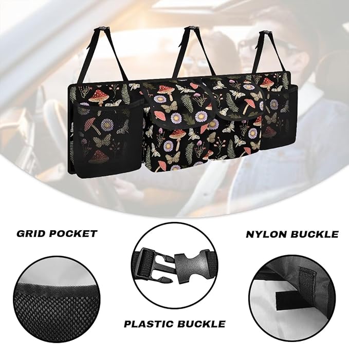 Mushroom Car Trunk Organizer, Butterfly Large Capacity Backseat Trunk Organizer with 4 Pocket, Backseat Hanging Car Storage Organizer Foldable Cargo Storage with Adjustable Straps