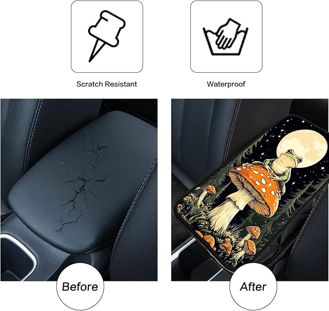 JANENFNA Car Armrest Cover Pads Universal Fashion Cute Auto Center Console Armrest Cover Pad with 2PCS Car Coasters Soft Waterproof Car Armrest Seat Protector for Women,Frog on Mushroom