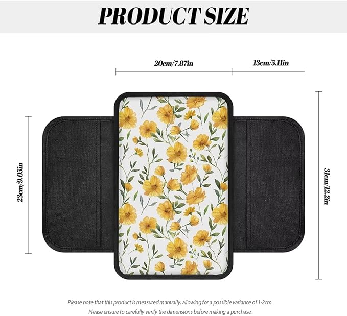 Dreaweet Yellow Floral Print Center Console Cover Car Armrest Cover with Storage Pockets Universal Arm Rest Cushion Universal Center Console Pad Car Interior Accessories