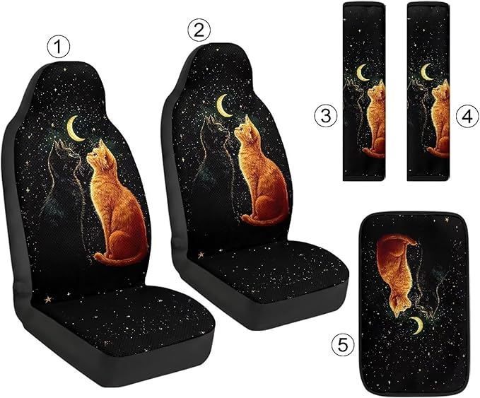Oramclsy Cat Heavy Duty Car Seat Cover Set Star Armrest Pad + PU Breathable Seat Belt Pad Essential Car Accessories