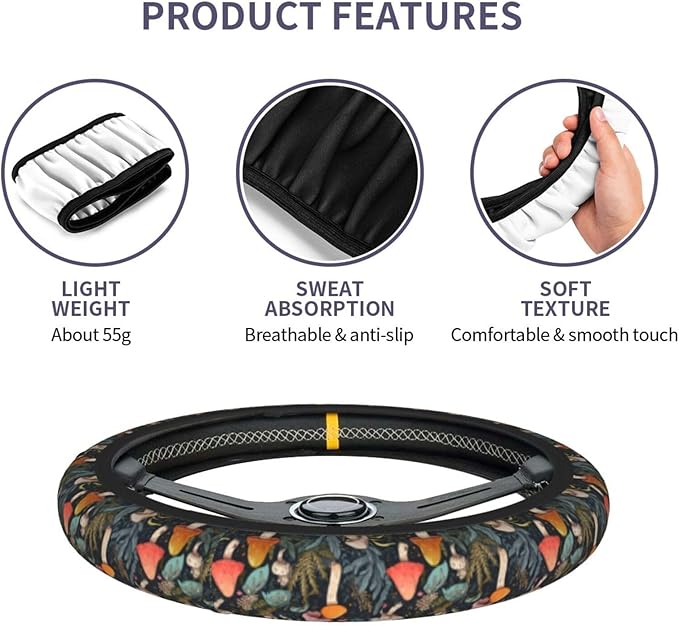 Mushrooms Cute Steering Wheel Cover Non-Slip Breathable Sweat-Absorbent Suitable for SUV Van Truck Car Universal Protection Accessories 15 Inch Suitable for Women Men