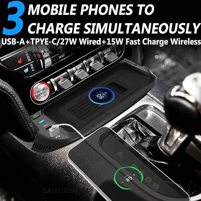 2023 Upgraded Version Wireless Car Charger for Ford Mustang 2015-2022, Center Console Wireless Charging Tray Qi Wireless Charging Station with USB Port