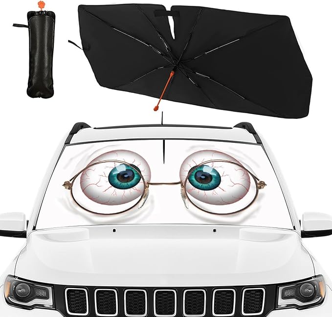 DOPINDU Funny Eyes Car Windshield Sun Shade Umbrella Bendable Handle Foldable Funny Sunshade for Car Windshield Block UV Rays Keep Vehicle Cool for Most Sedans SUV Trucks Cars 57"x30"