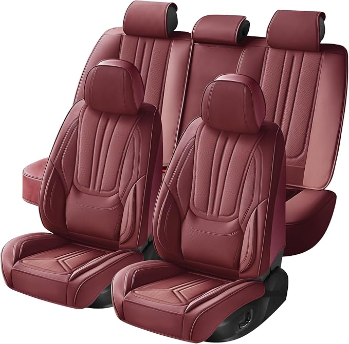 SCDOOCA Car Seat Covers Full Set Burgundy, Luxury Leather Car Seat Covers, Waterproof and Breathable Seat Covers, Universal Car Seat Protector Fit for Cars, Trucks, SUVs, Pick-ups (Wine Red, FullSet)