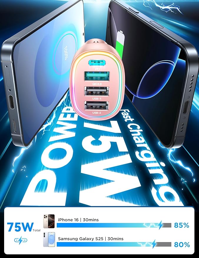 USB C Car Charger Cigarette Lighter Adapter 75W 4-Port Fast Car Charger Fast Charging Compatible with iPhone17/16/15/14/13 Series- Pink