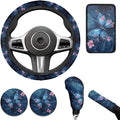 Blue Butterfly Print 6pcs Car Steering Wheel Cover Set Flower Cup Coaster Handbrake Gear Cover Armreat Cushion Car Interior Decor Protector Fit for SUV Truck Sedan