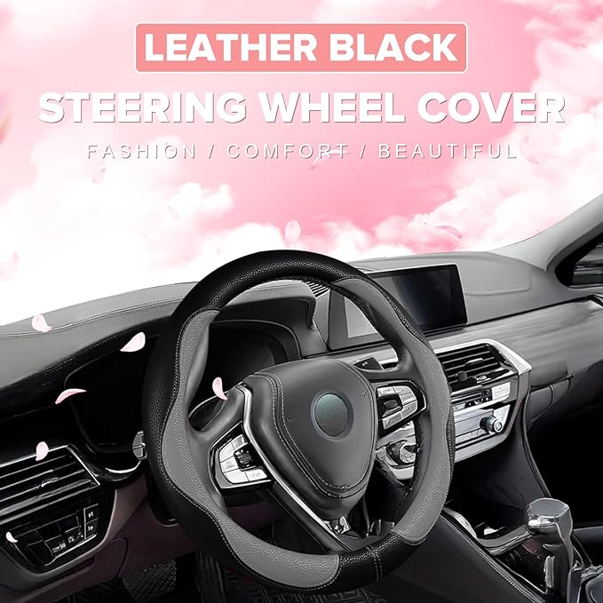 Gray Steering Wheel Cover,Slip-Proof Breathable Comfort PU Imitation Leather Cute Car Accessories for Women Girl, Universal Protector in All Season 15 inch Fit Most Car