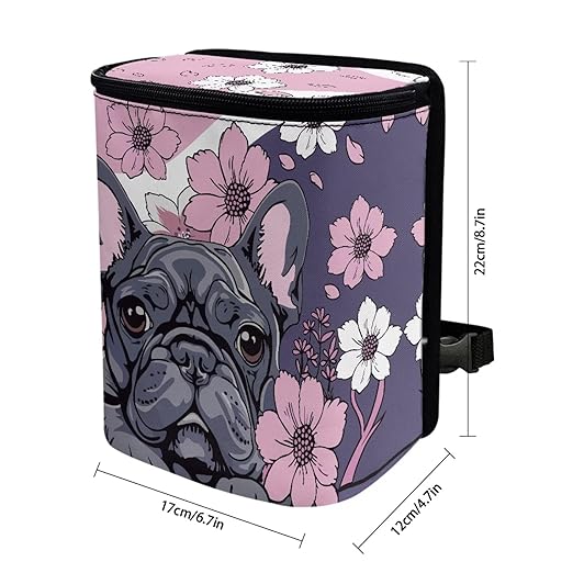 Talayituse French Bulldog Cherry Blossom Print Car Trash Can with Lid, Leak Proof Auto Trash Bag Hanging Vehicle Garbage Can Multipurpose Storage Container for Back Seat Road Trip