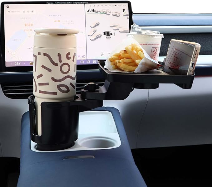 Car Large Cup Holder Expander, 4-in-1 Cupholder Extender with Swivel and Detachable Snack Food Tray Table for Eating, Travel Essentials for Road Trips for Driver. Model E
