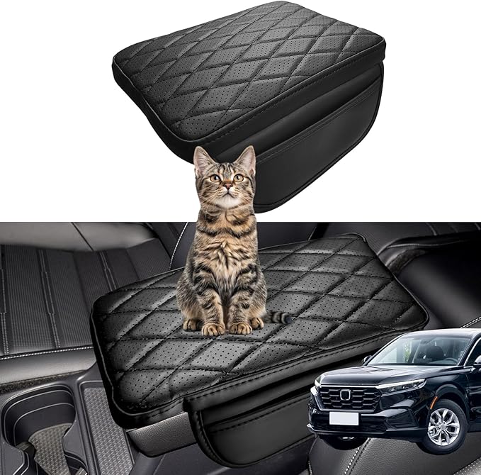 Center Console Armrest Cover Compatible with Honda CRV 2023-2025 Leather Middle Console Arm Rest Box Protector Cushion Padding with Side Pockets Anti-Scratch Black
