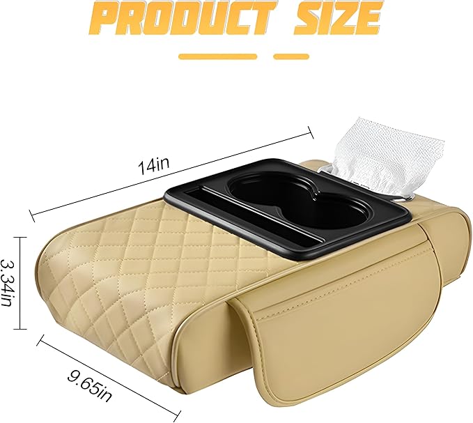 Car Center Console Armrest Pillow, Memory Foam Leather 4 in 1 Vehicle Arm Rest Cover with Tissue Box 2 Side Storage Bag Cup & Phone Holder, Auto Armrest Cushion, Universal Fit (Beige)
