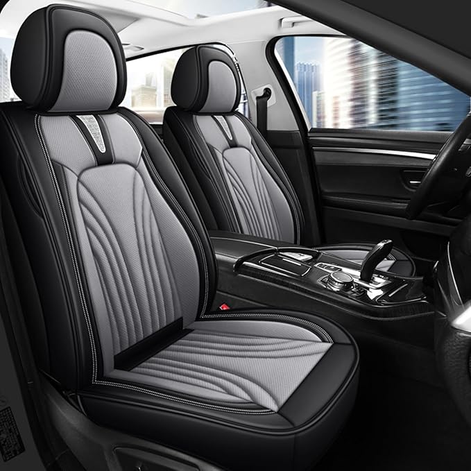 Car Seat Covers Full Set for 5 Seats - Nappa Leather 3D Foam Back Support, Super Breathable, All Season Car Seat Cushion with Storage Bags, Universal Fit for Most Cars, Colour- Black Gray