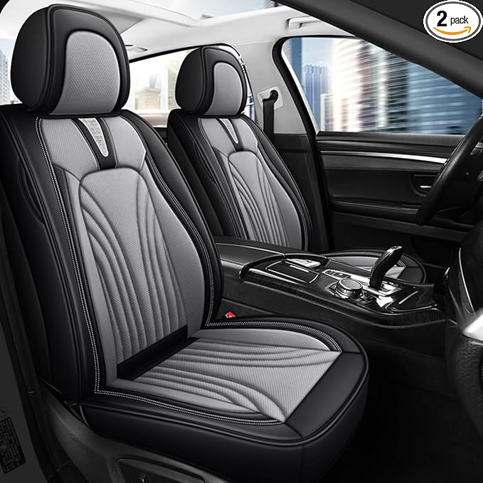 Car Seat Covers for 2 Seats - Nappa Leather 3D Foam Back Support, Super Breathable, All Season Car Seat Cushion with Storage Bags, Universal Fit for Most Cars, Colour- Black Gray