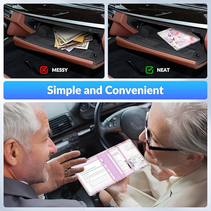 Pisypox Car Registration and Insurance Card Holder，Vehicle Glove Box Car Organizer，Accessories Case for Storing Driving Licences, Cards, Documents,Pink flower
