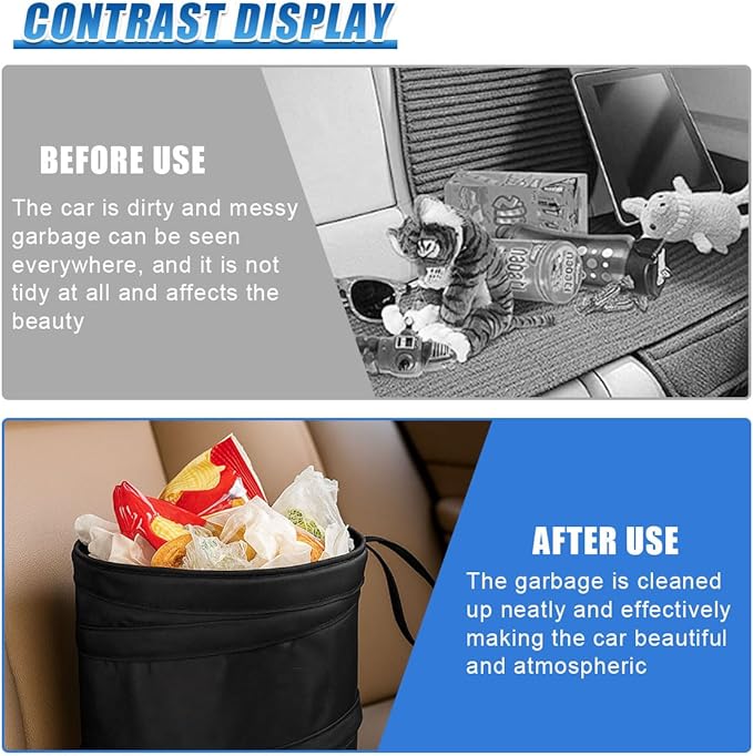 1 Gallon Collapsible Pop-up Car Trash Can - Mini Portable Hanging Garbage Can Car Trash Bin with Attached Hook&Elastic Band - Waterproof Waste Basket Bin Auto Garbage Bag for Cars/Home (1Set)