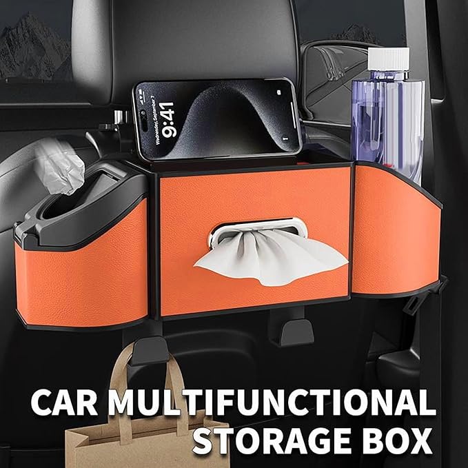 Car Organizer Back Seat, 4-In-1 Car Back Seat Organizer with Drink Cup Holder Tissue Box Trash Can Phone Holder, Adjustable Headrest Storage Organizers with Hooks Automotive Seat Storage Box