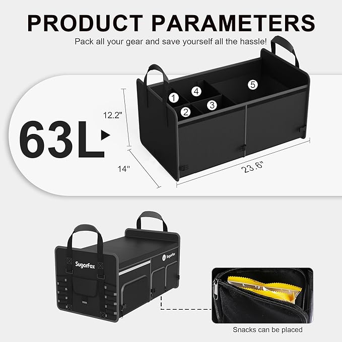 SugarFox Car Trunk Organizer | 63L, 23.6"x14"x12.2" | Dedicated Shoe Space, Adjustable Straps | Waterproof, Collapsible | for SUVs/Small Midsize Cars - Black-X212