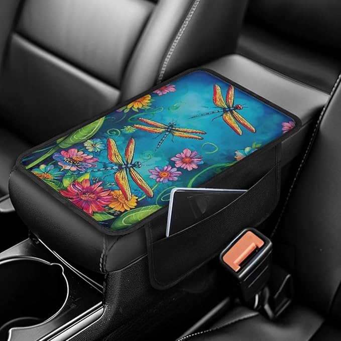 Dreaweet Car Center Console Cover with Pockets Dragonfly Print Car Arm Rest Cover Pad Universal Armrest Cover for Car Truck SUV Van