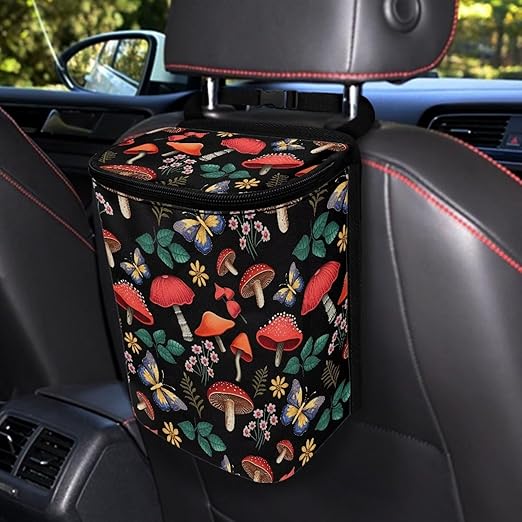 Car Trash Can with Lid Leak Proof Cars Trash Bag Hanging Sedan Garbage Can Accessories Multipurpose Storage Container for Back Seat, Forest Mushroom Floral