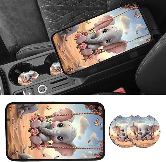 JANENFNA Car Armrest Cover Pads Universal Fashion Cute Auto Center Console Armrest Cover Pad with 2PCS Car Coasters Soft Waterproof Car Armrest Seat Protector for Women,Baby Elephant on Swing-A