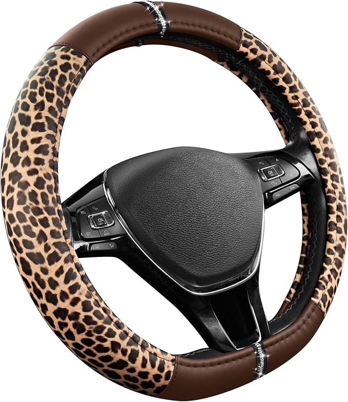 Road Comforts Leopard Steering Wheel Cover - Made with PVC Leather Cheetah Print, D-Shaped Automotive Steering Wheels - Anti-Slip, Universal Fit 14 1/2 inches to 15 inches - Brown