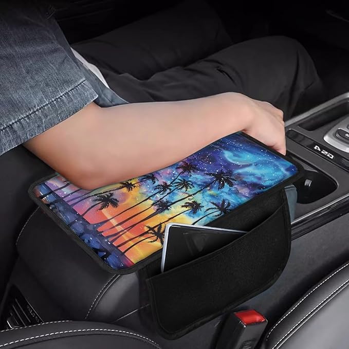 Dreaweet Galaxy Palm Tree Print Car Center Console Cover Car Armrest Cover Car Console Covers with Pockets Universal Car Armrest Storage Box for Most Vehicles