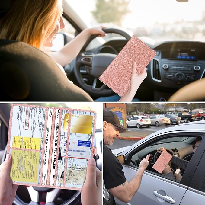 TILDOSAC Car Registration & Insurance Card Holder Leather Auto Glove Box Organizer Document Wallet with Magnetic Shut (Glitter Rose, large)