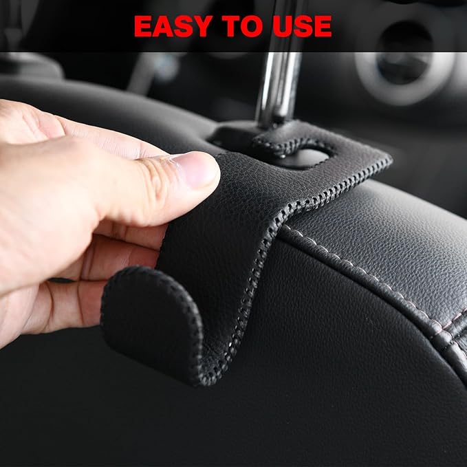 AMVOYOA Leather-Wrapped Car Headrest Hooks & Seat Back Organizer - 2 Pack U-Shaped Car Purse Holder for Bags, Coats, Handcrafted Stitching, Flexible Car Accessories for Women (Gray)