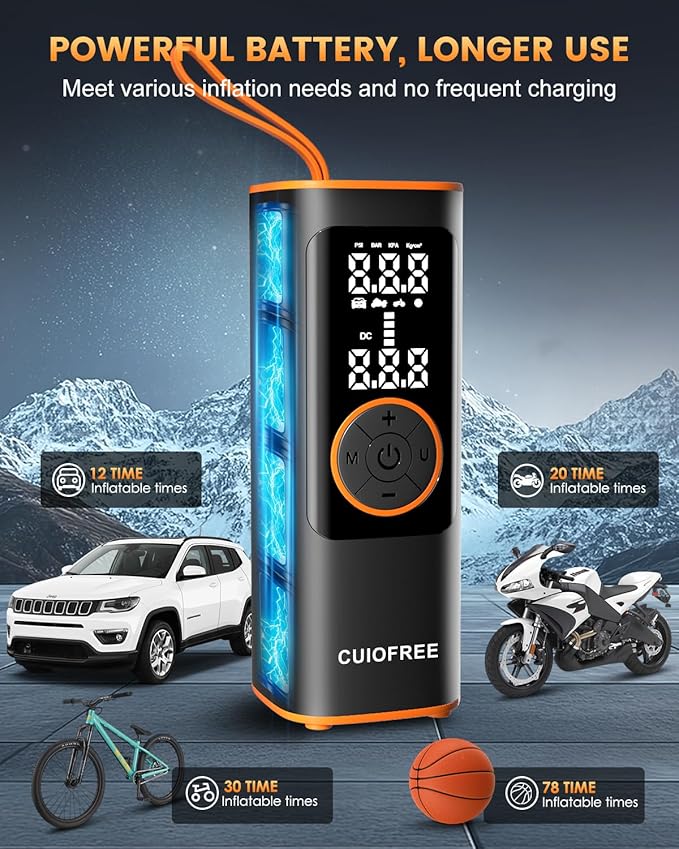 CUIOFREE Portable Tire Inflator for Car, Cordless Tire Inflator Portable Air Compressor with Digital Pressure Gauge,150PSI Dual Power, Portable Air Pump for Car Tires, Motorcycle, Bicycle, Bike, Ball
