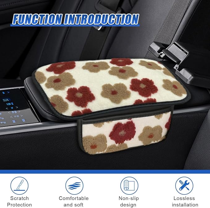 Car Center Console Cover, Soft Fluffy Car Armrest Seat Box Cushion Pad with 2 Storage Bags, Universal Vehicle Interior Protector Accessories for Most Sedans, SUVs, Trucks (Red)