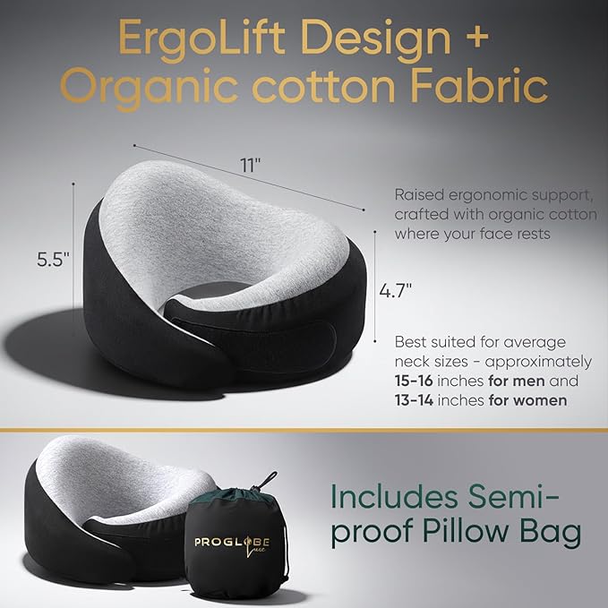 Proglobe Luxe Memory Foam Travel Neck Pillow for Airplanes, Ergonomic 360° Support with Soft Chin Support, Organic Cotton Cover, Compact Compression Bag, Charcoal Black